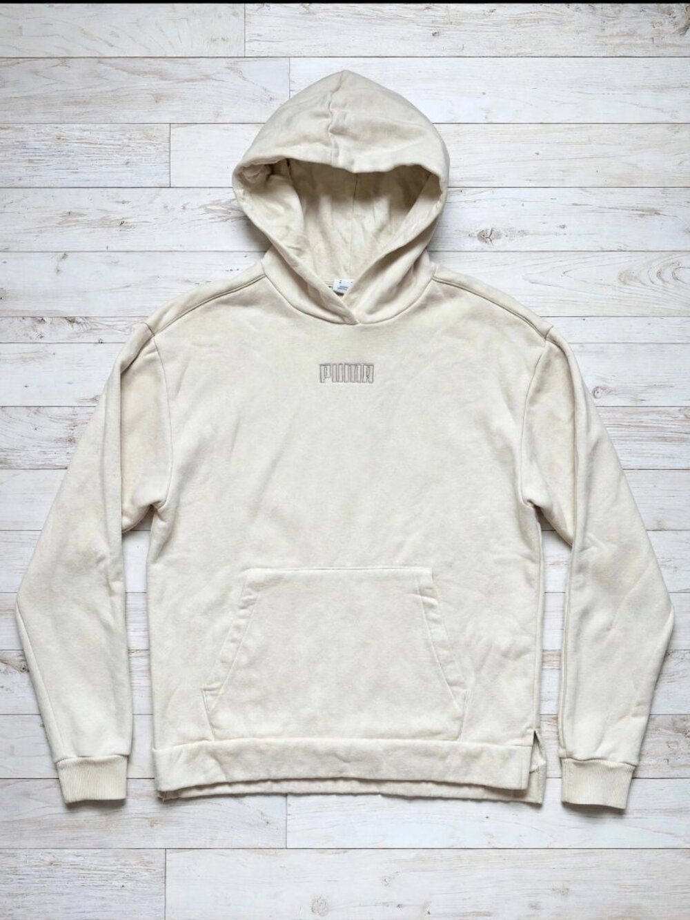 PUMA Cream Embroidered Logo Fleece Hoodie Size M
